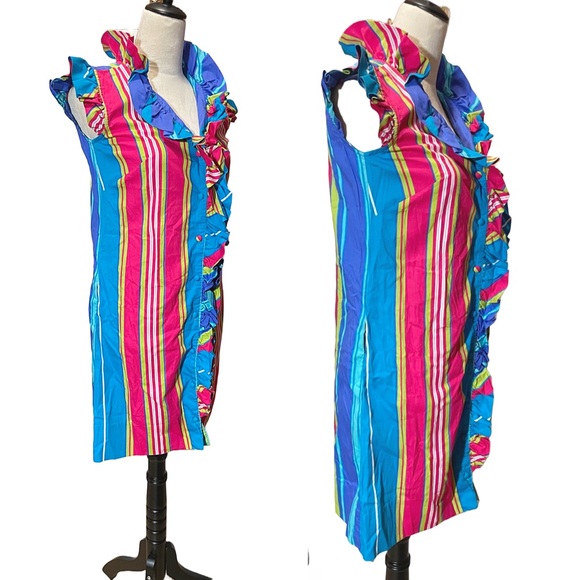 Vintage 60s Striped Ruffle Collar Mod Mini Dress Sz Small - Picture 3 of 6